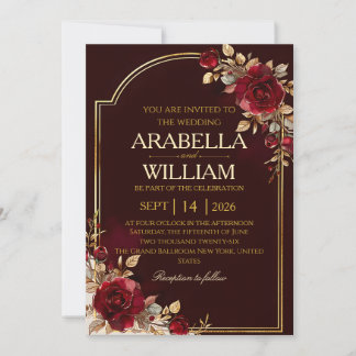 Invitation de mariage élégante et luxueuse bordeau