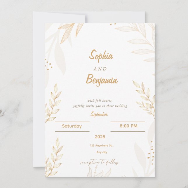 Invitation de mariage élégante florale beige blanc (Devant)