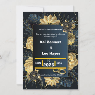 Invitation de mariage élégante florale dorée pour 