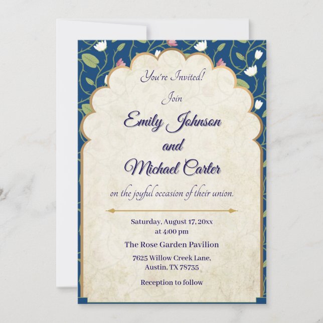 Invitation de mariage élégante | Marine bleu et or (Devant)