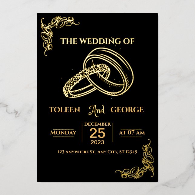 Invitation de mariage élégante noire et dorée à mo (Recto)