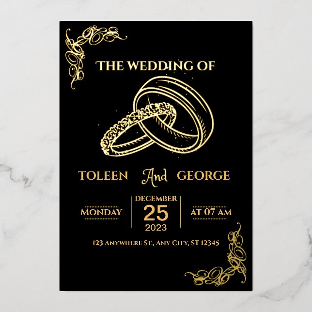 Invitation de mariage élégante noire et dorée avec (Recto)