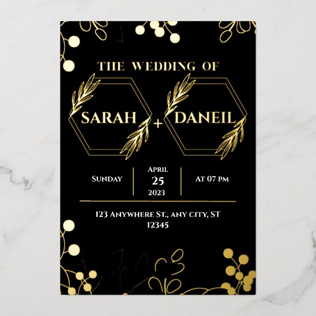 Invitation de mariage élégante noire et dorée avec (Recto)