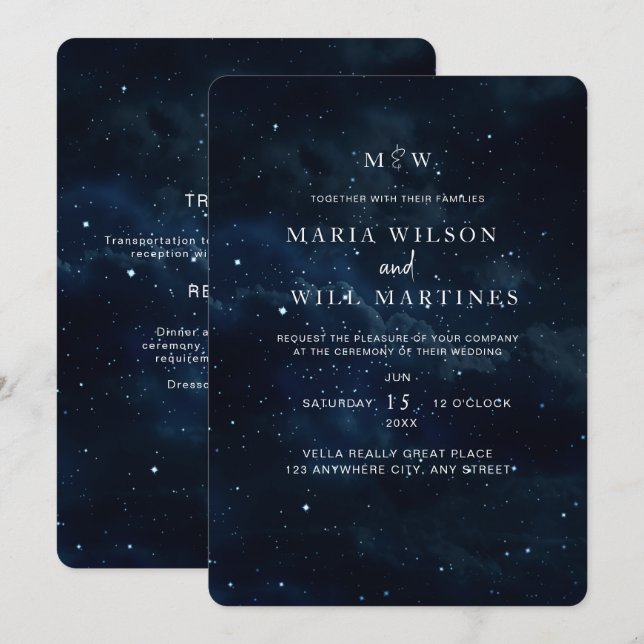 Invitation de mariage élégante nuit étoilée Modern (Devant / Derrière)