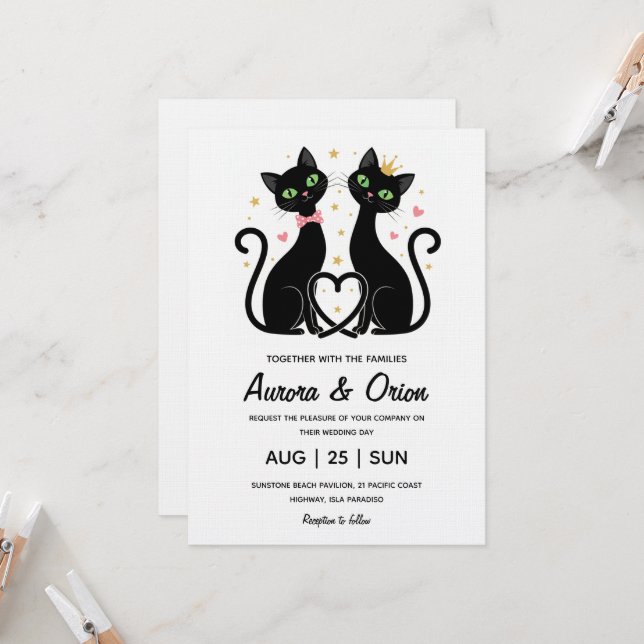 Invitation de mariage élégante pour chat noir (Devant/Arrière en situation)