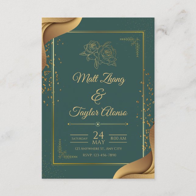 Invitation De Mariage Élégante Vert Et Or (Devant)