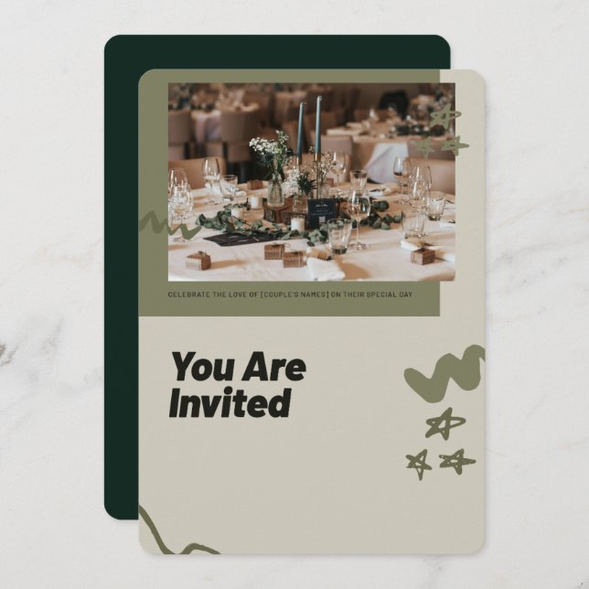 Invitation de mariage élégante | Vert rustique mod (Devant / Derrière)