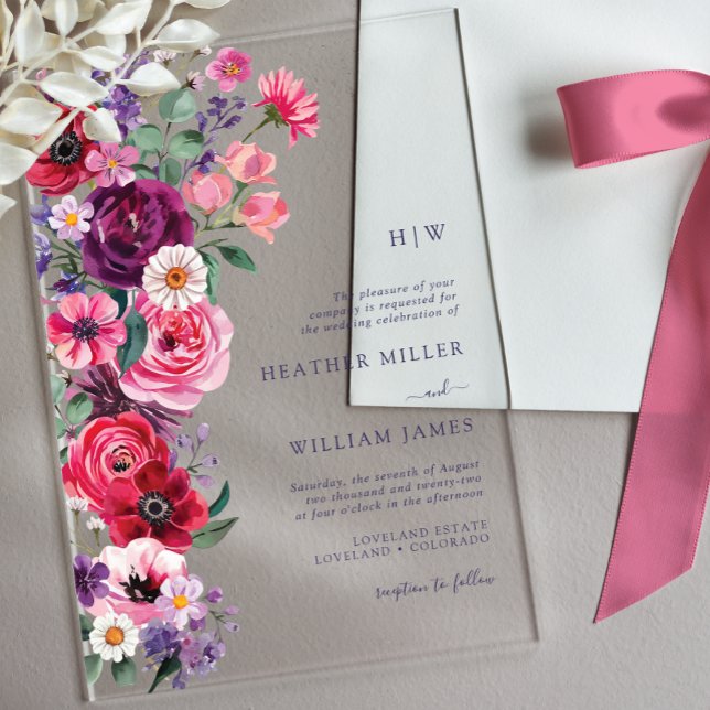 Invitation de mariage en acrylique à motif floral  (Bold Watercolor Floral Monogrammed Wedding Acrylic Invitation by Painted Paperie
)