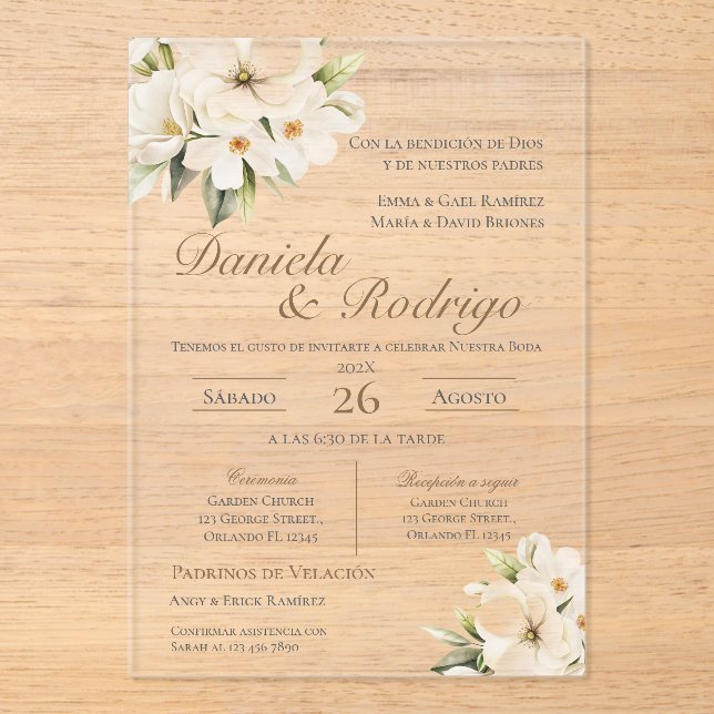 Invitation de mariage en acrylique espagnol bohème (Recto)