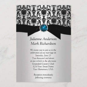 Invitation de mariage en damas noir argent turquoi