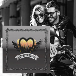 Invitation de mariage Flames Heart RockNRoll Biker