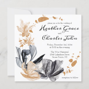 Invitation de mariage Fleurs de fumée Noir et Or