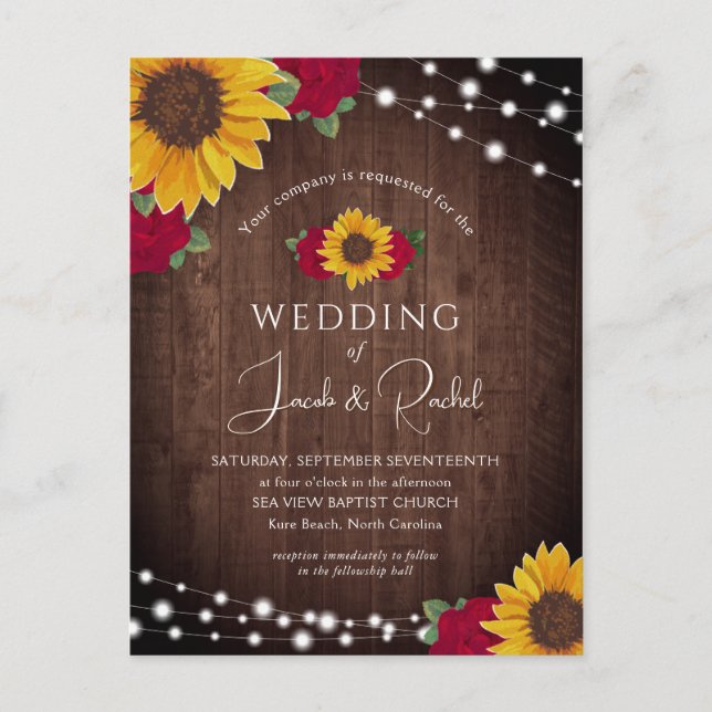 Invitation de mariage Fleurs de tournesol rustique (Devant)