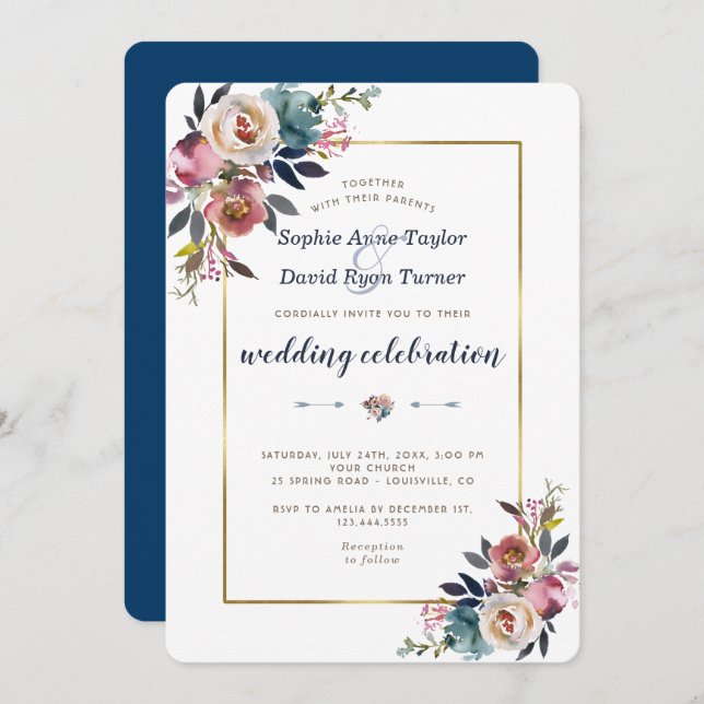 Invitation de mariage | Floral bleu doré rose (Devant / Derrière)