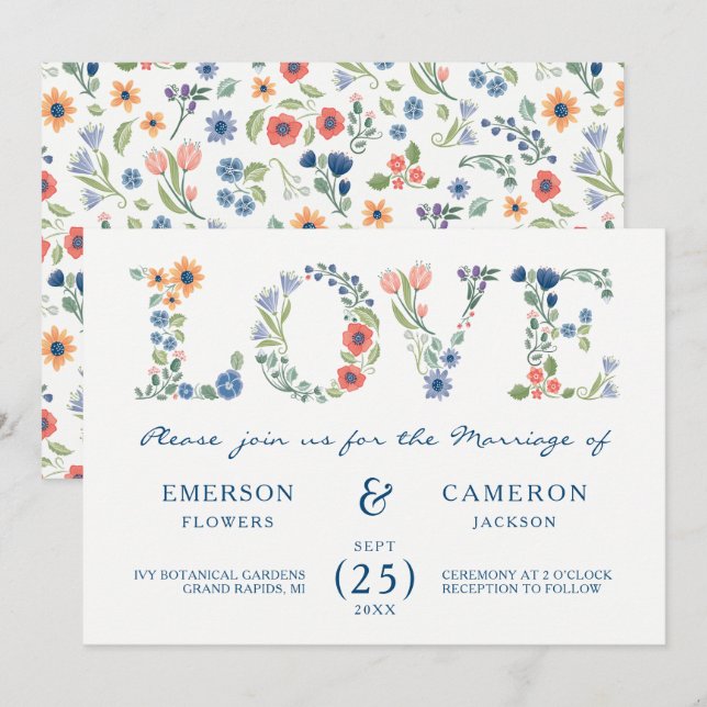 Invitation de mariage Floral LOVE (Devant / Derrière)