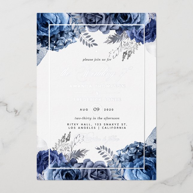 Invitation de Mariage floral marine et argenté (Recto)