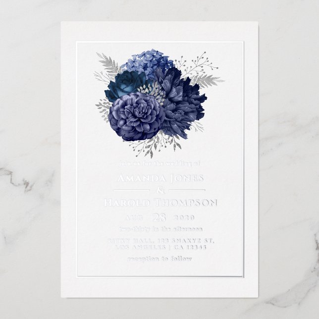 Invitation de Mariage floral marine et argenté (Recto)