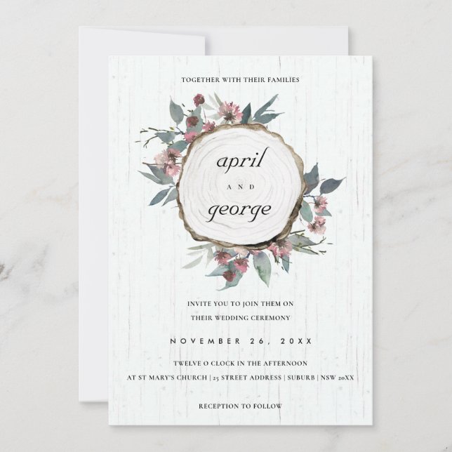 INVITATION DE MARIAGE FLORAL ROUSTIQUE EN BOIS CHI (Devant)