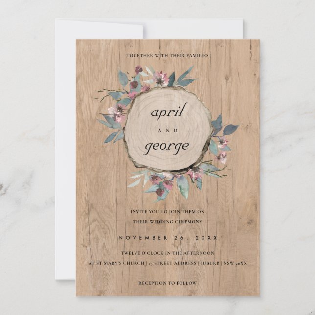 INVITATION DE MARIAGE FLORAL ROUSTIQUE EN BOIS CHI (Devant)