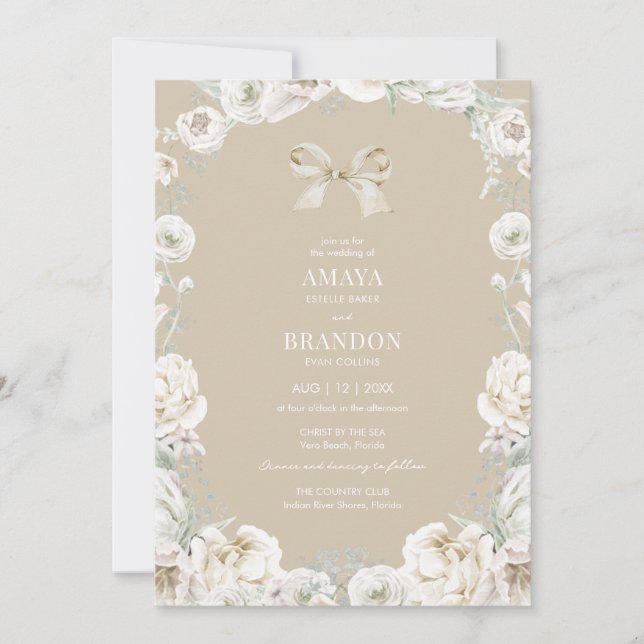 Invitation de mariage florale à noeud coquette or (Devant)