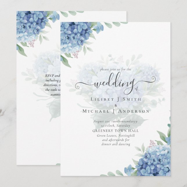 Invitation de mariage florale avec hortensia bleu  (Devant / Derrière)