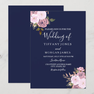 Invitation de mariage florale bleu marine et or ro