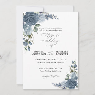 Invitation de mariage florale bleu poussiéreux élé