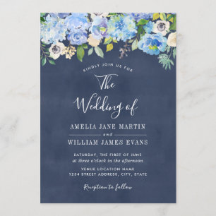 Invitation de mariage florale bleue élégante pour
