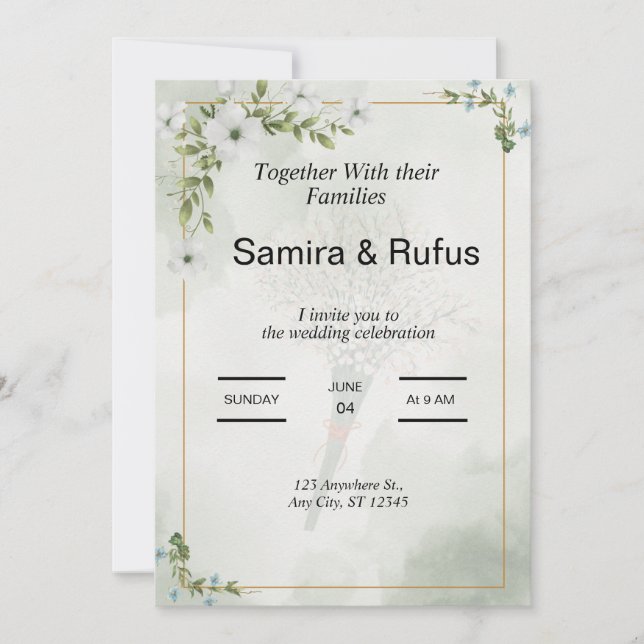 invitation de mariage florale élégante fleurs vert (Devant)