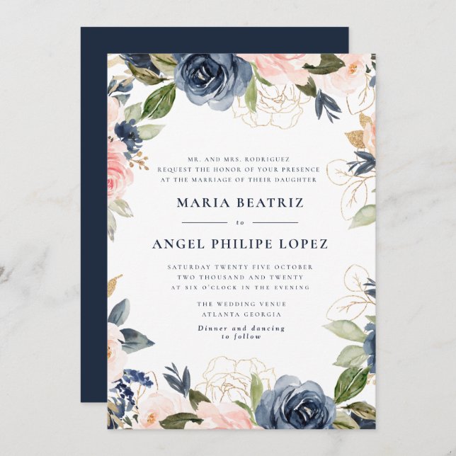Invitation de mariage florale marine et rose poudr (Devant / Derrière)