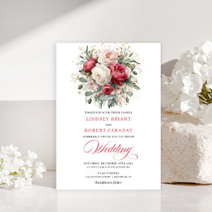 Invitation de mariage florale or rouge boho classi