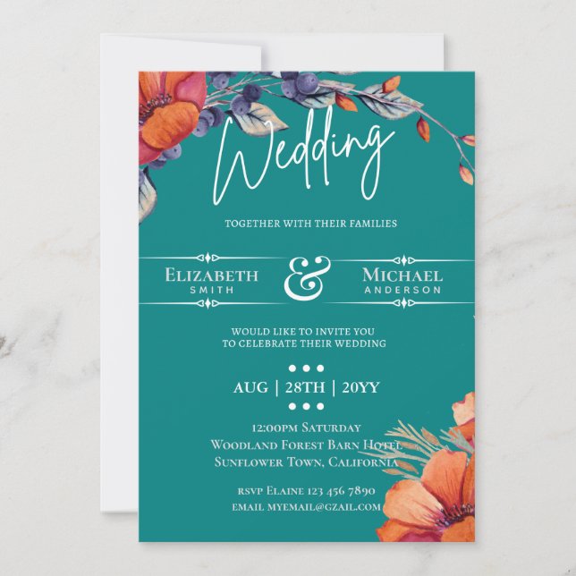 Invitation de mariage florale orange sarcelle mode (Devant)