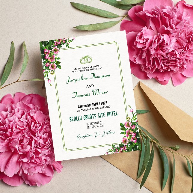 Invitation de mariage florale rose aquarelle éléga (Créateur téléchargé)