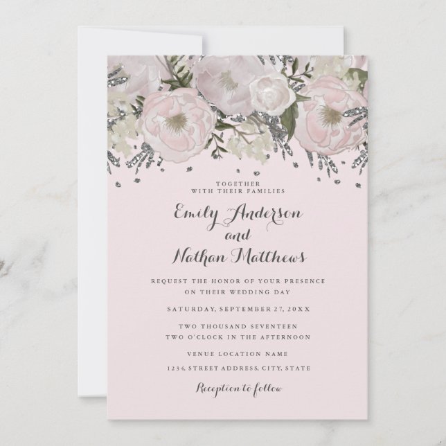 Invitation de mariage florale rose argentée Pretty (Devant)