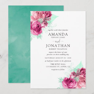 Invitation de mariage florale rose et menthe