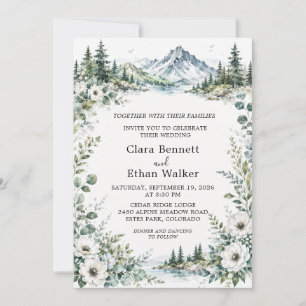 Invitation de mariage forêt lac montagne aquarelle