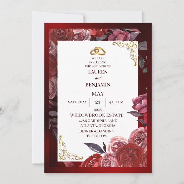 Invitation de mariage formelle en rouge et or (Devant)