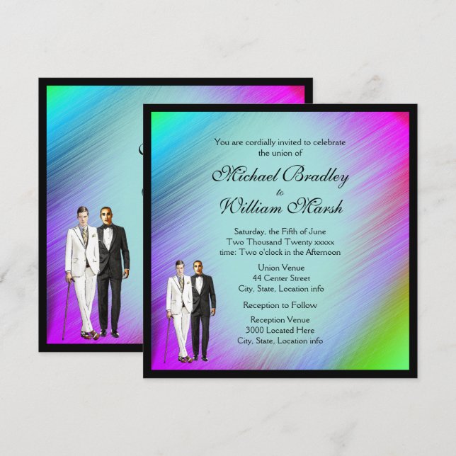 Invitation de mariage gay encadrée Rainbow Green (Devant / Derrière)