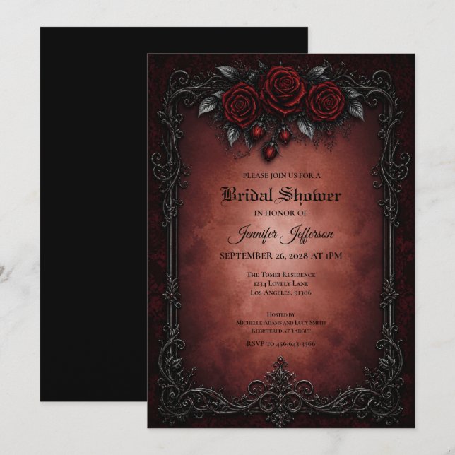 Invitation de mariage gothique aux roses rouges (Devant / Derrière)