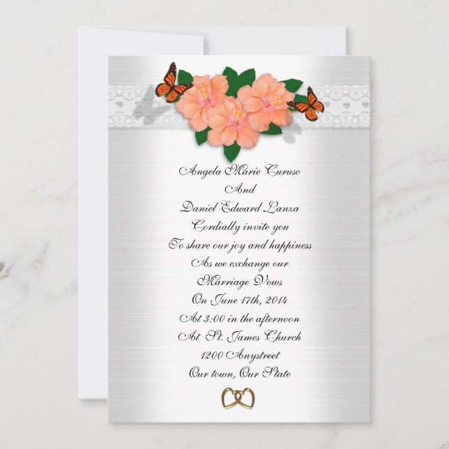 Invitation de mariage hibiscus et papillons (Devant)