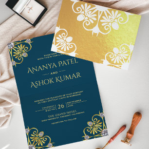 Invitation de mariage indien mandala bleu et or
