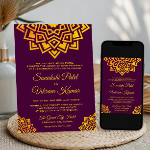 Invitation de mariage indien mandala or prune mode