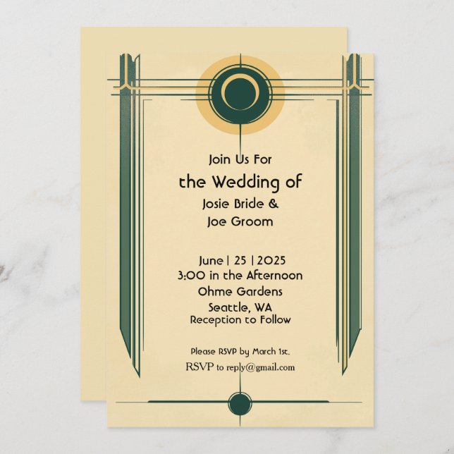 Invitation de mariage jaune vert art déco (Devant / Derrière)