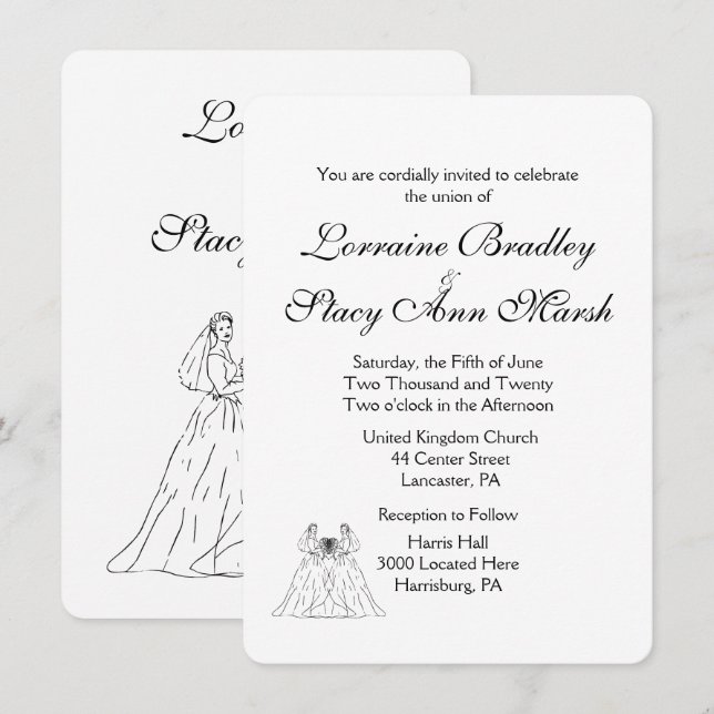 Invitation de Mariage lesbienne blanche (Devant / Derrière)