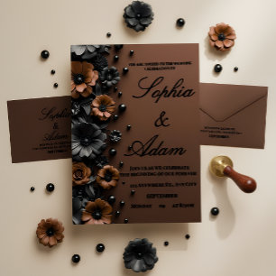 Invitation de mariage luxe 3D fleurs bronze et noi