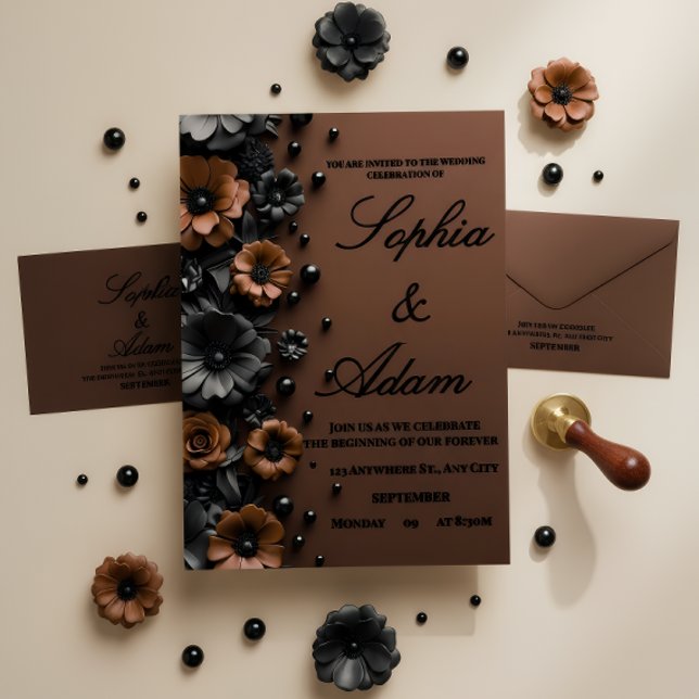 Invitation de mariage luxe 3D fleurs bronze et noi (Créateur téléchargé)