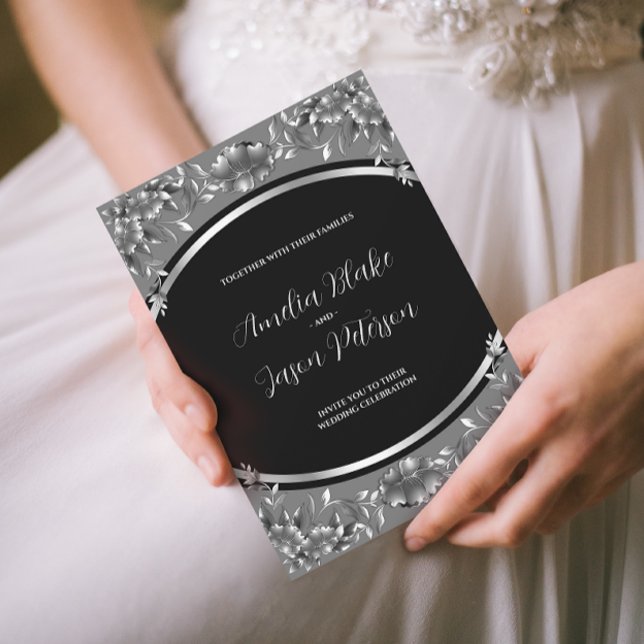 Invitation de mariage Luxueux feuillage en argent  (Créateur téléchargé)