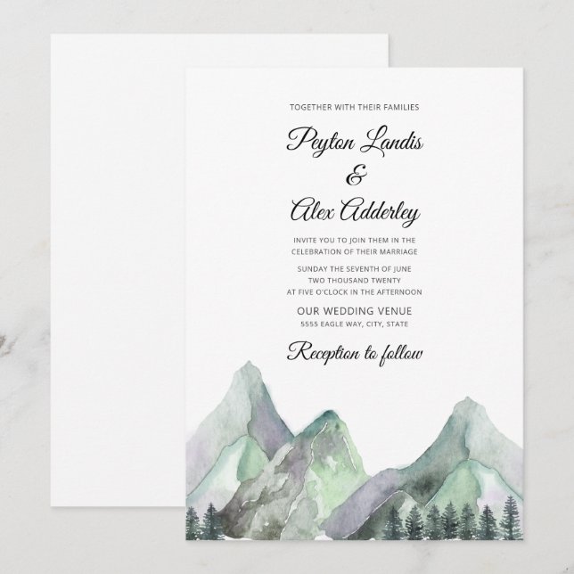 Invitation de mariage Montagnes Aquarelle Verte Vi (Devant / Derrière)