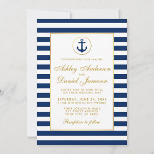 Invitation de mariage nautique bleu rayures or G