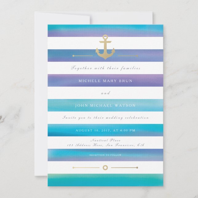 Invitation de mariage nautique rayé aquarelle (Devant)